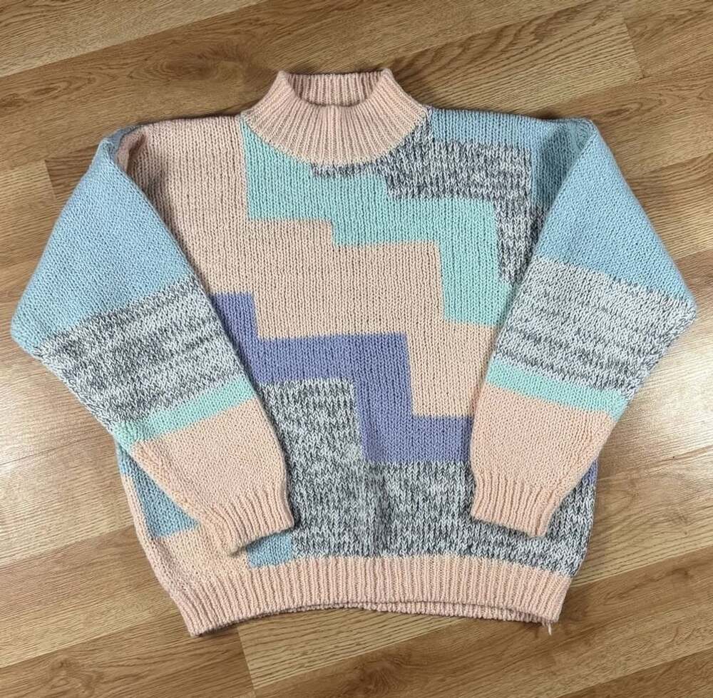 Vintage Pastel Block Knit Mock Neck Sweater one step up